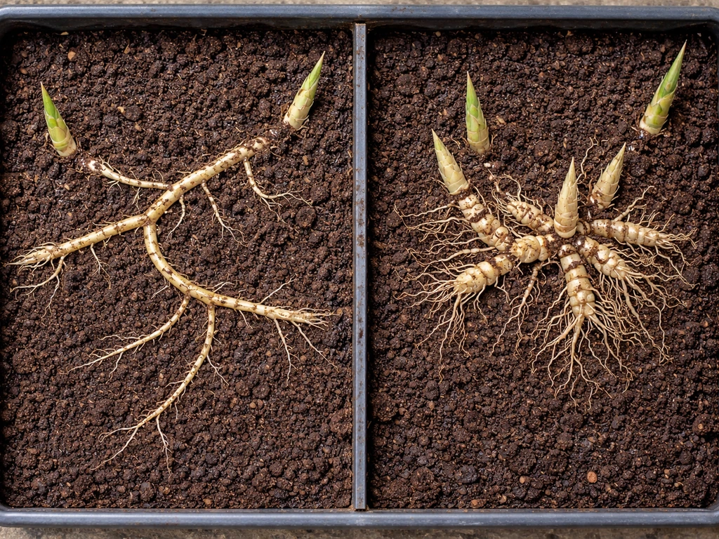 Top view of bamboo rhizomes in soil: running bamboo with long horizontal roots vs clumping bamboo clusters
