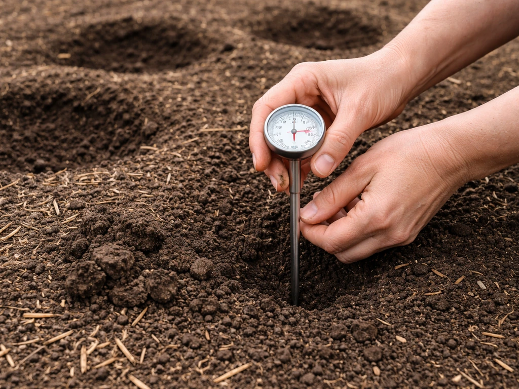 Hands using a soil thermometer at root depth beside loosened soil and mulch to troubleshoot missing shoots.