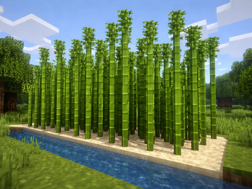 Minecraft bamboo farm with tall stalks growing next to a water source under bright open sky.