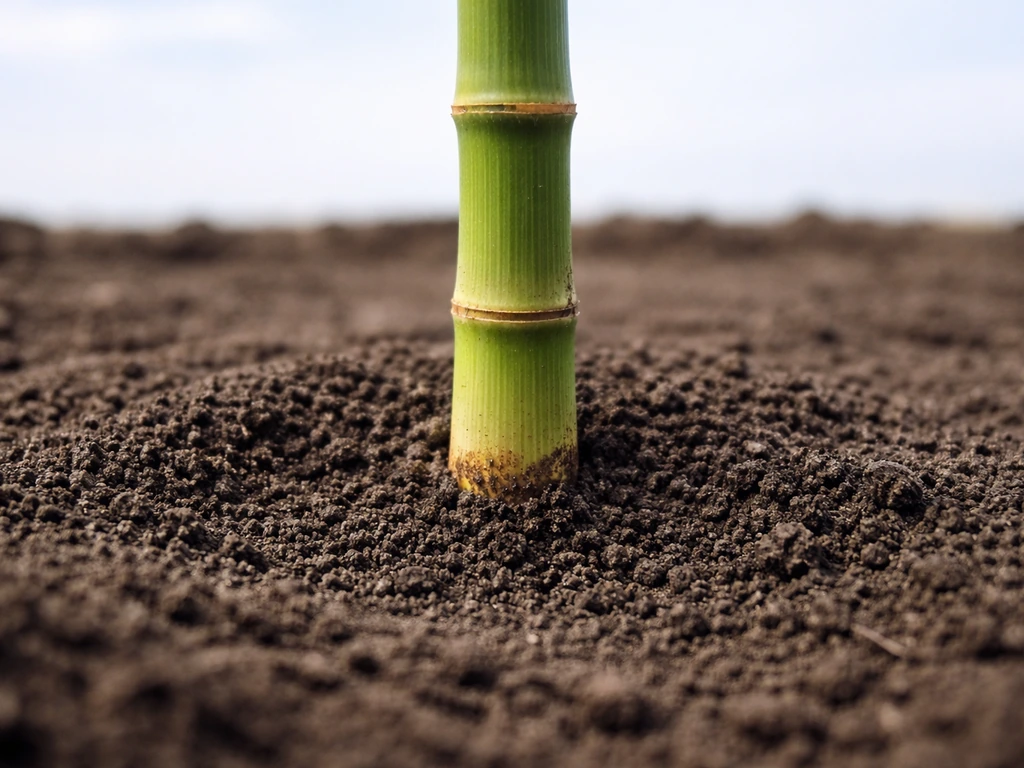 Close-up of bamboo planted in muddy soil with open sky above, showing correct planting block.