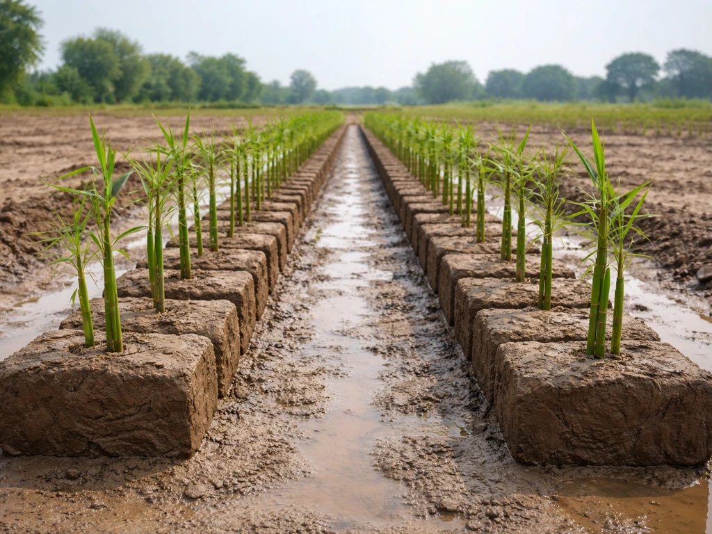 Two parallel rows of young bamboo planted on mud blocks in an open, flat plot under clear sky.