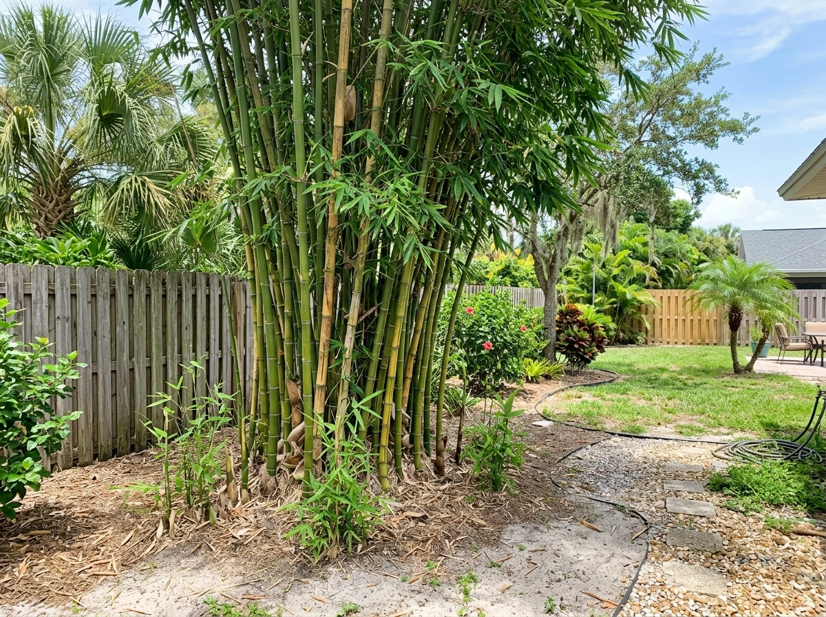 Florida yard with bamboo clumps thriving under bright sun, showing overall growth potential.