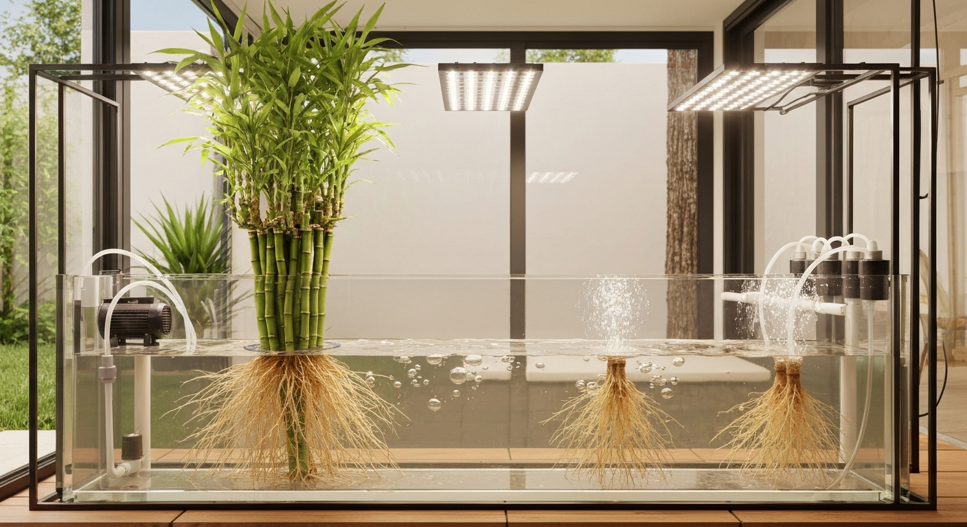 Cutaway photorealistic image of a clumping bamboo planted in a transparent hydroponic trough showing roots in LECA and nutrient solution, air stones, probes, and LED grow lights.