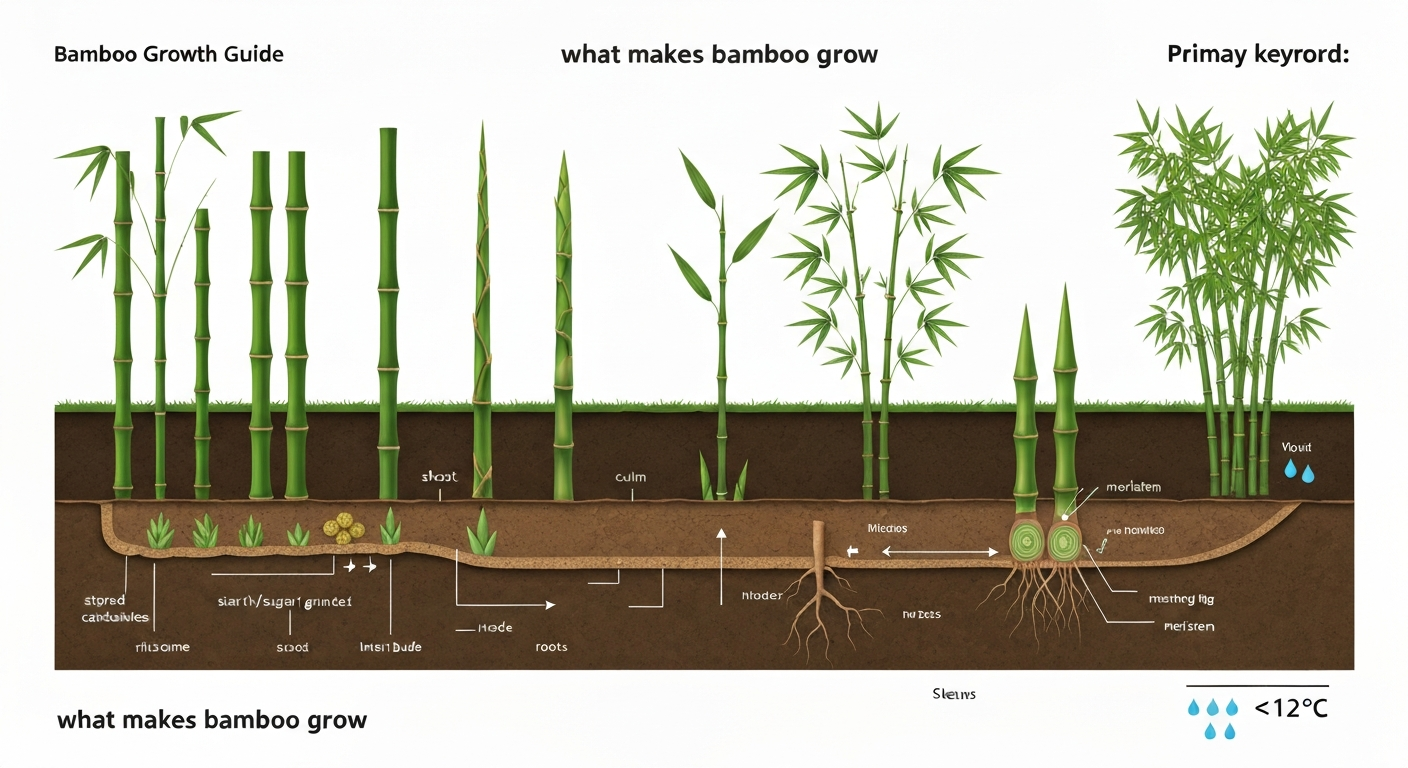 Infographic cutaway of bamboo grove showing underground rhizome network with stored carbohydrates feeding emerging shoots, and labeled plant parts (rhizome, shoot, culm, node, internode, meristem).