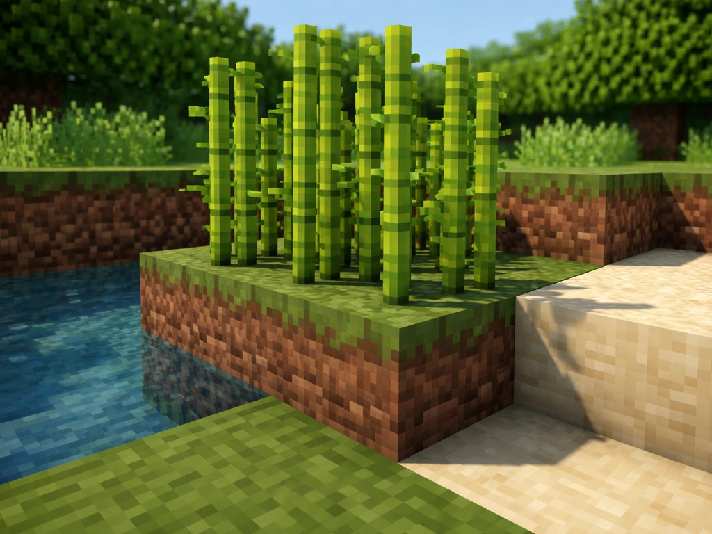 Minecraft bamboo on dirt and sand with nearby water on one side under bright sunlight.