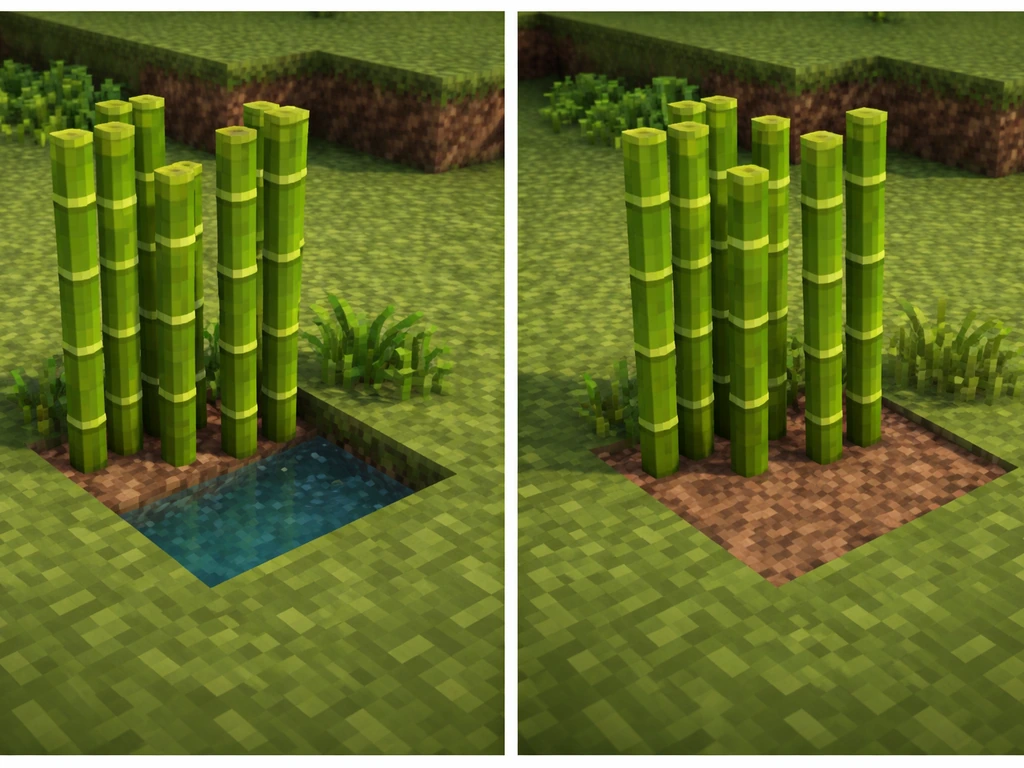 Side-by-side bamboo in dirt: one near water and one without, both equally healthy and similarly sized.