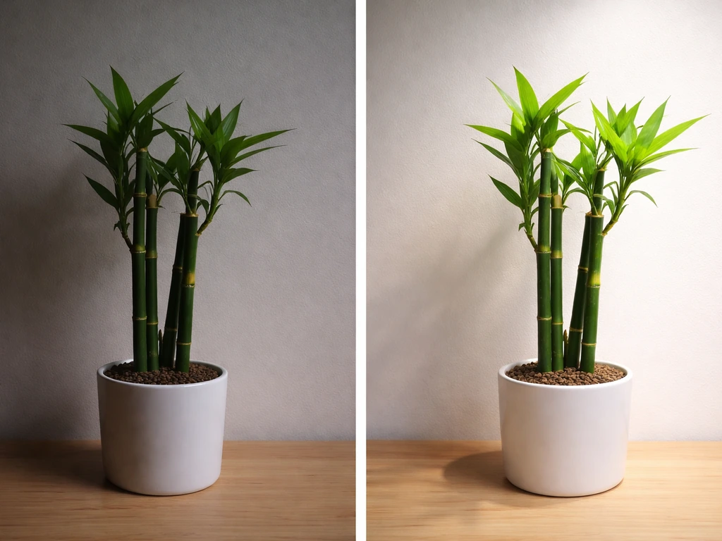 Bamboo in pots: one under dim light and one in brighter top lighting for growth troubleshooting.