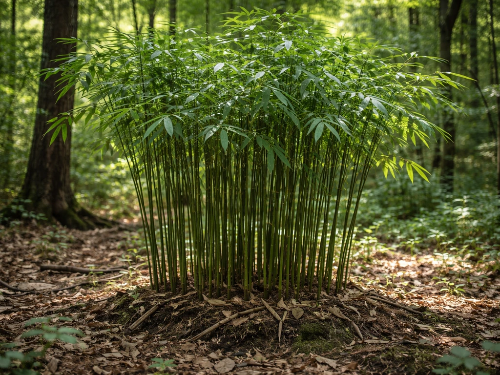 Dense green clump of native bamboo growing in a shaded woodland under dappled sunlight.