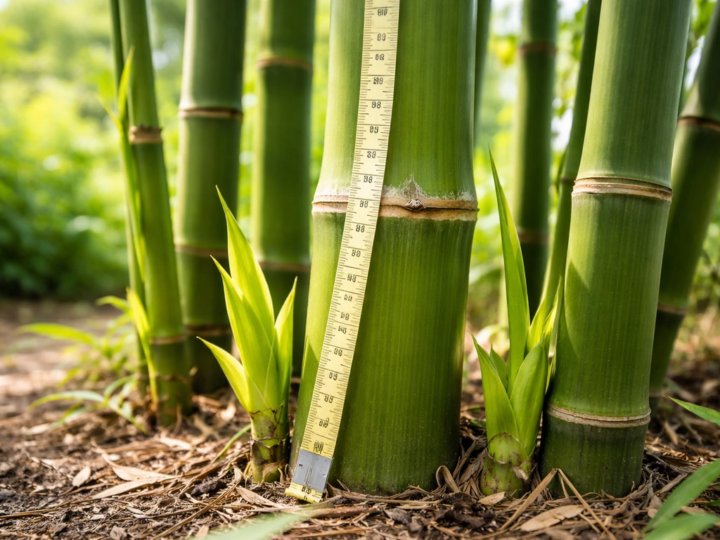 Close-up of vibrant bamboo culms with a measuring tape beside them outdoors, suggesting rapid growth.