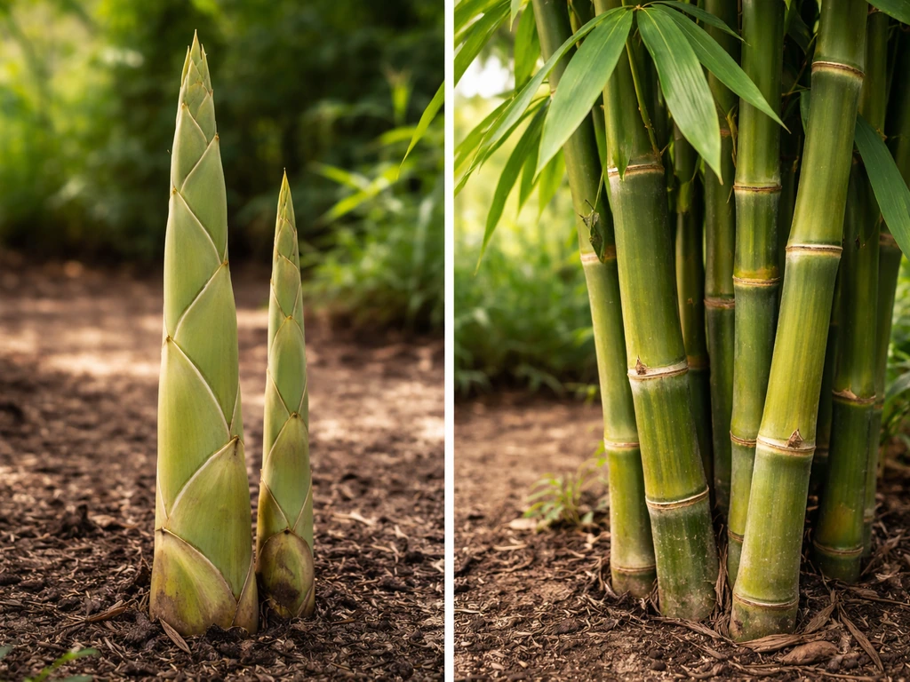 Close-up of bamboo culm shoot elongating beside established canes with fuller leaves and slower growth