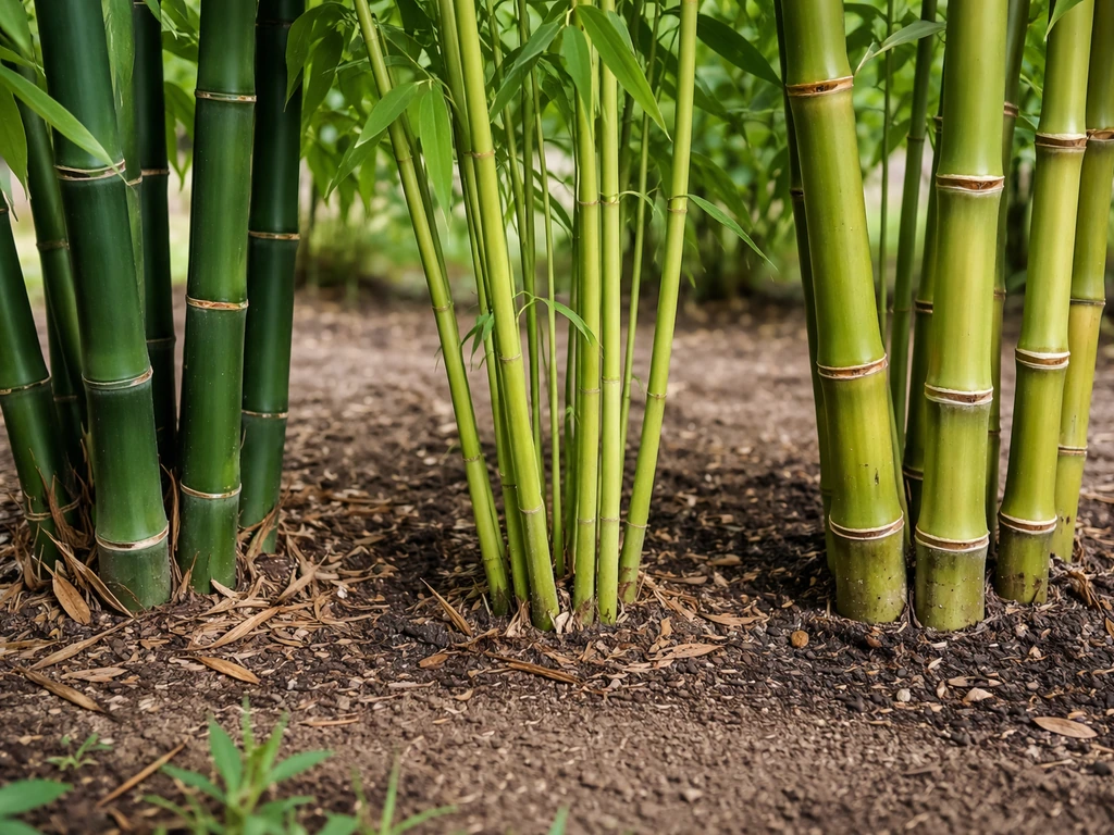 Three bamboo shoots of different varieties side-by-side in a garden bed, showing variation in culm thickness.