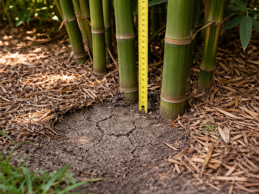 Measuring tape beside bamboo culms with visible cues of dry soil, light mulch, and shade limiting growth.