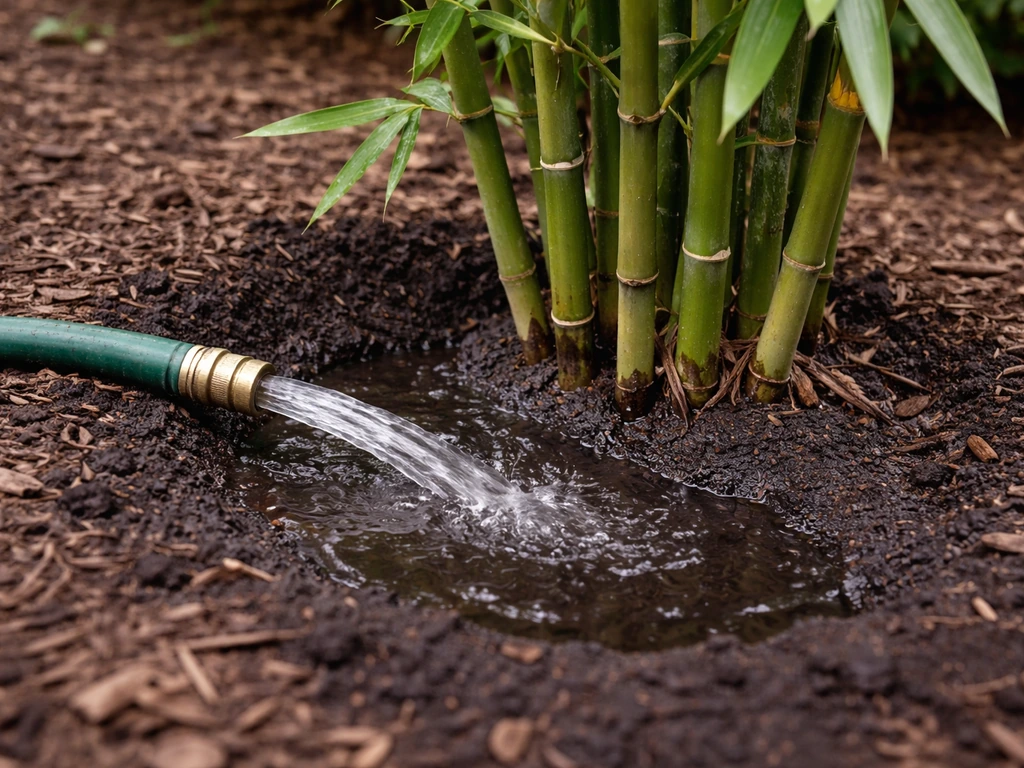 Hose soaking the soil near bamboo roots, dark wet ground beside green bamboo culms in a simple garden bed.