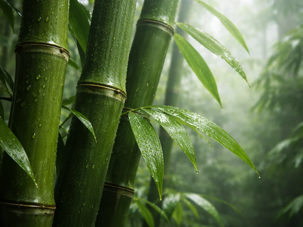 Close-up of rainforest bamboo leaves and stems covered in dewy moisture under misty humidity
