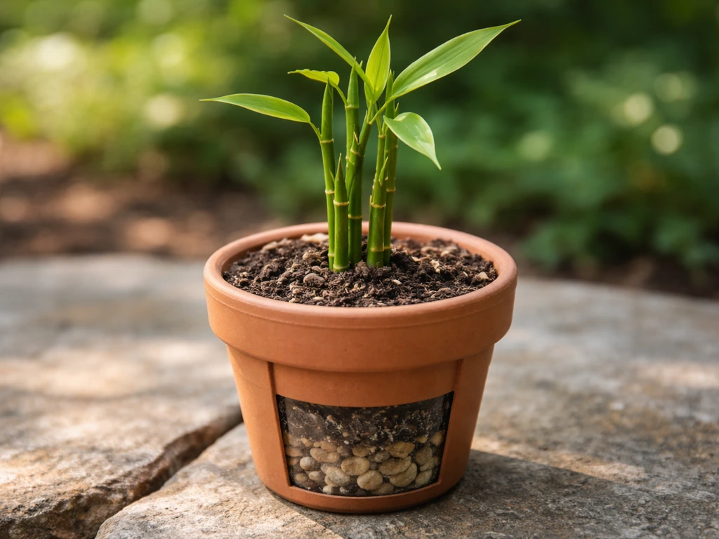 Bamboo cutting planted in a pot with organic-rich soil and a visible drainage layer.