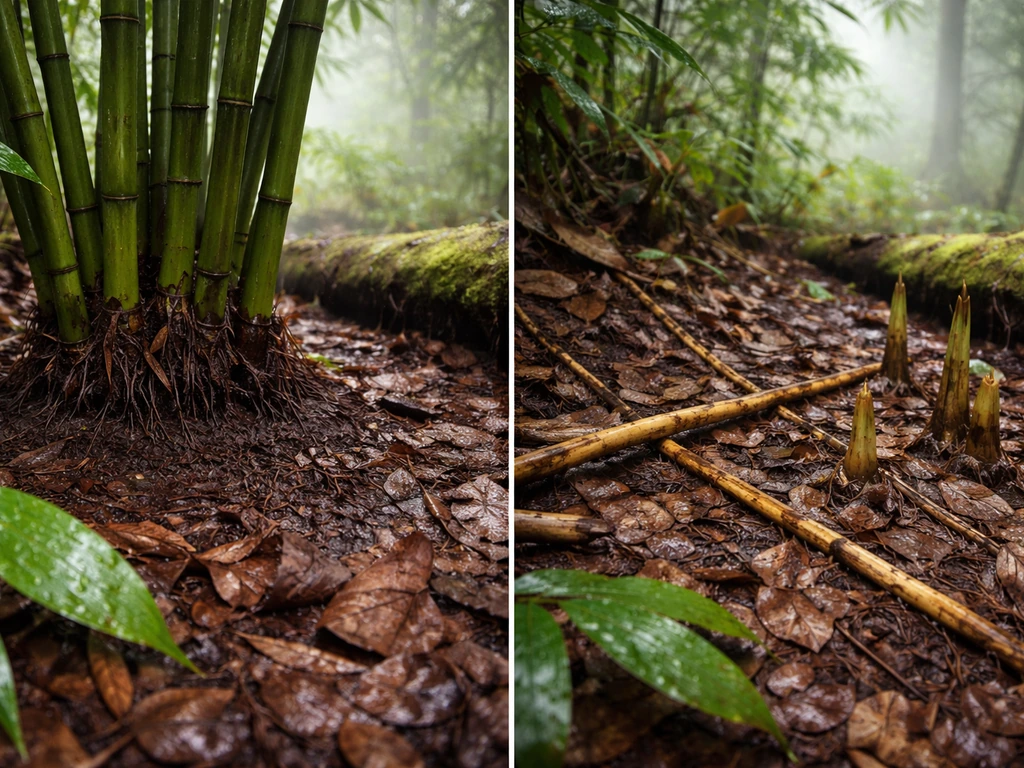 Wet forest understory showing clumping bamboo left and running bamboo rhizomes spreading right.