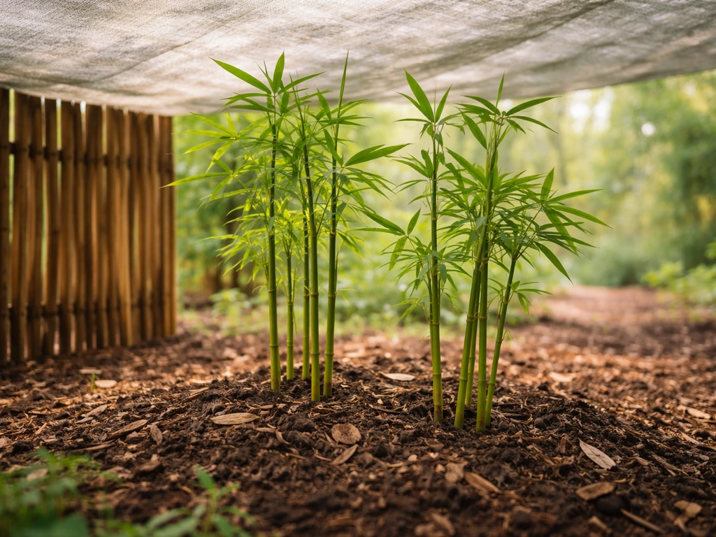 Young bamboo shoots in a small garden bed, sheltered by shade cloth and a simple windbreak.