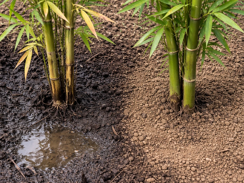 Two bamboo plants in a soil bed: one yellowing in waterlogged soil, one healthy in drier soil.