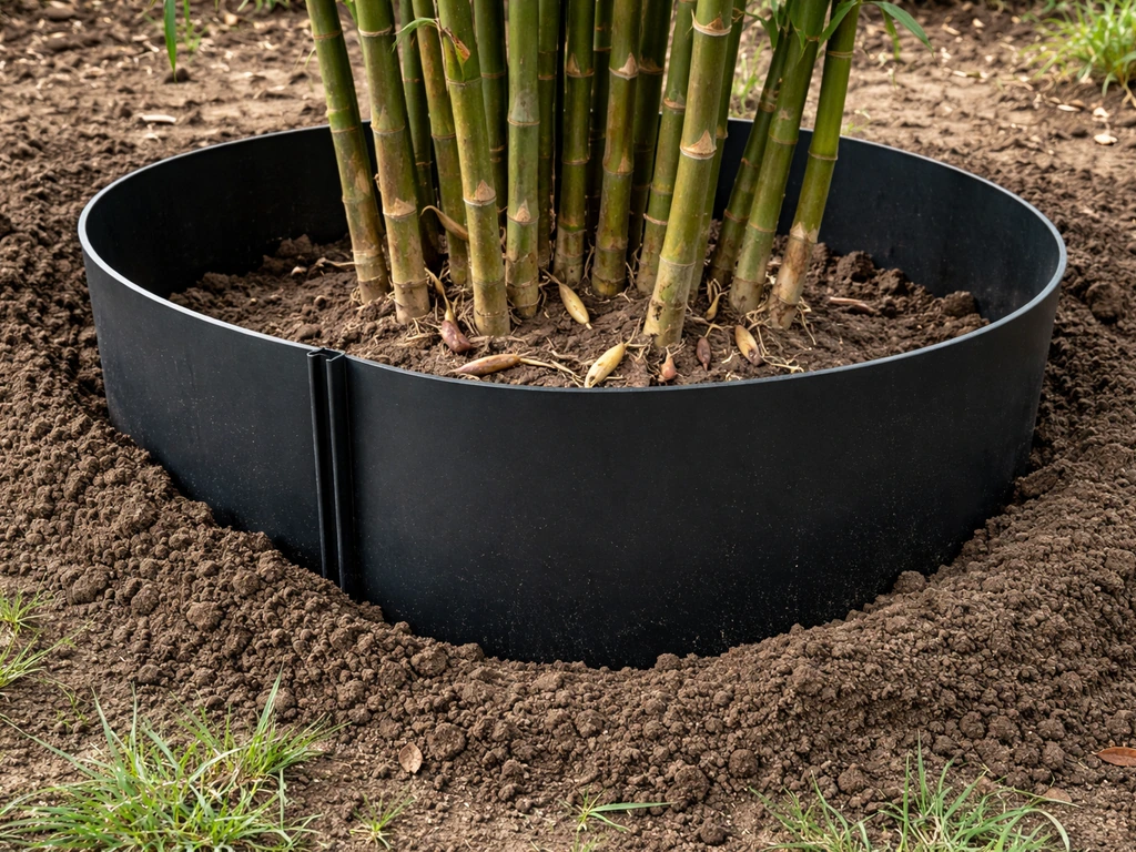 Gardener’s close-up installing a black HDPE root barrier to contain running bamboo in a trench.
