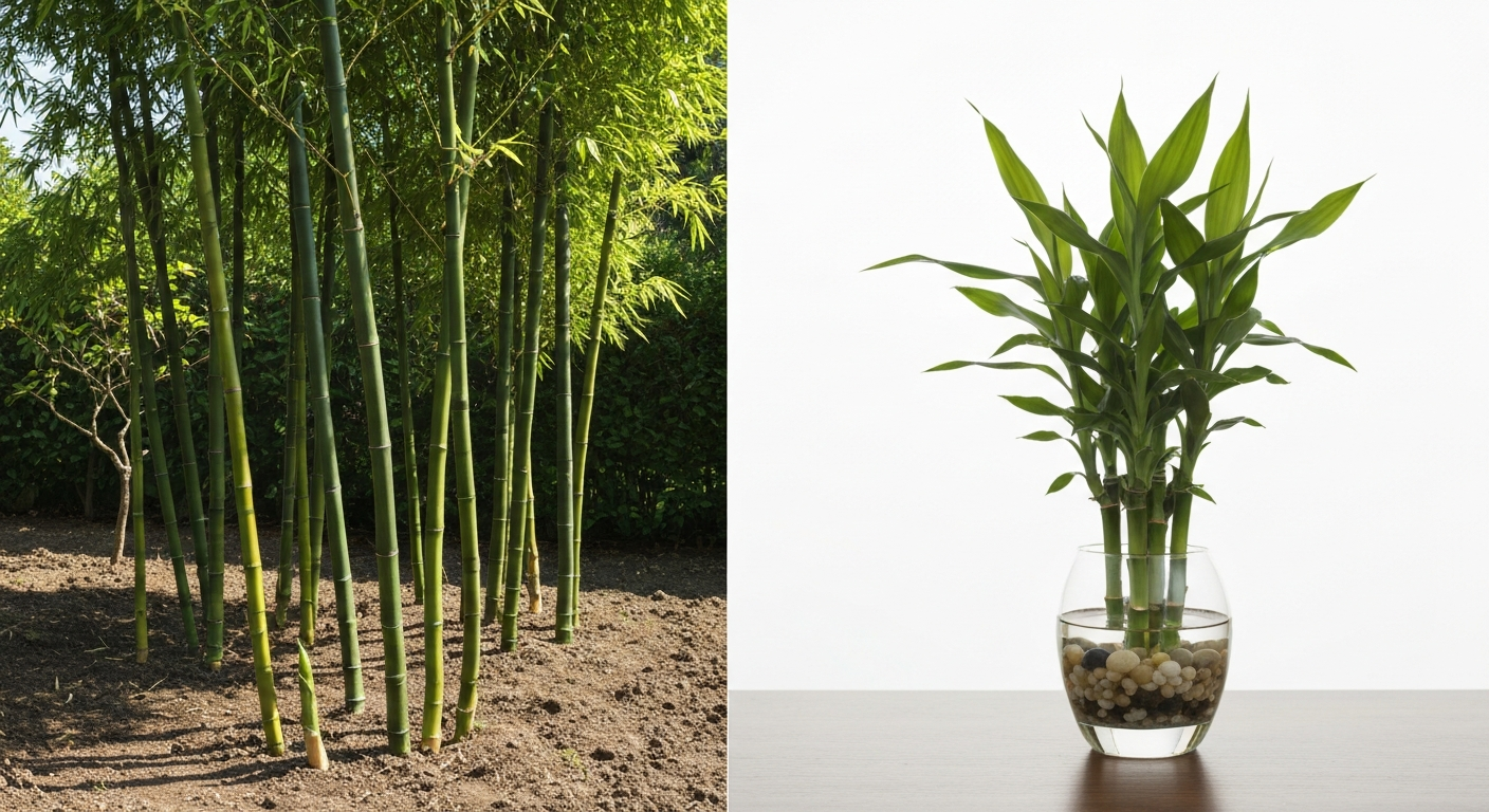 Split image showing an outdoor bamboo grove with new shoots (left) and a lucky bamboo stem in a glass vase with pebbles (right), with space for a title overlay.