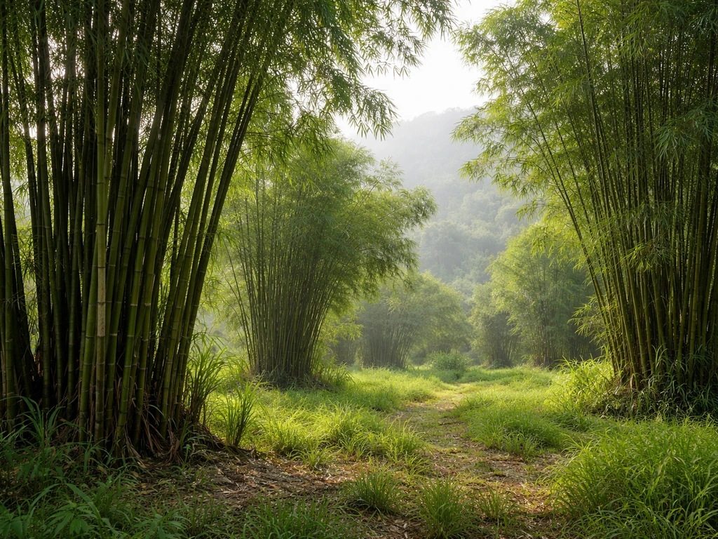 Lush bamboo grove in India with tall green culms and dense surrounding greenery