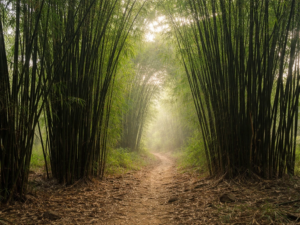 Dense bamboo grove in central/eastern India forest with soft misty light