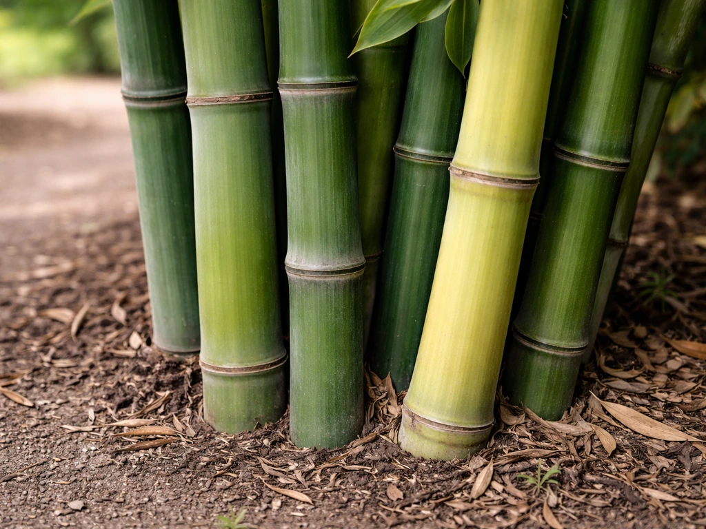 Close-up of several bamboo culms with distinct textures and growth stages in a simple outdoor setting.