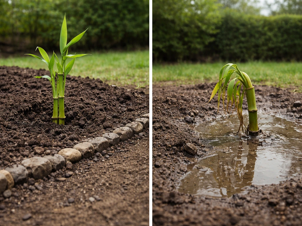 Two simple garden setups showing bamboo drainage: raised bed thriving vs low waterlogged soil.