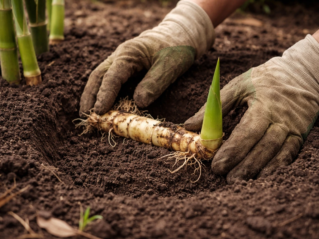 Hands placing bamboo rhizomes into a prepared pit with soil backfill in a simple garden bed.