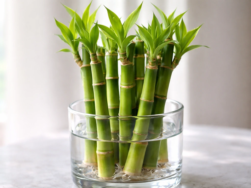 Healthy lucky bamboo canes in clear water with fresh green leaf growth in a glass container.