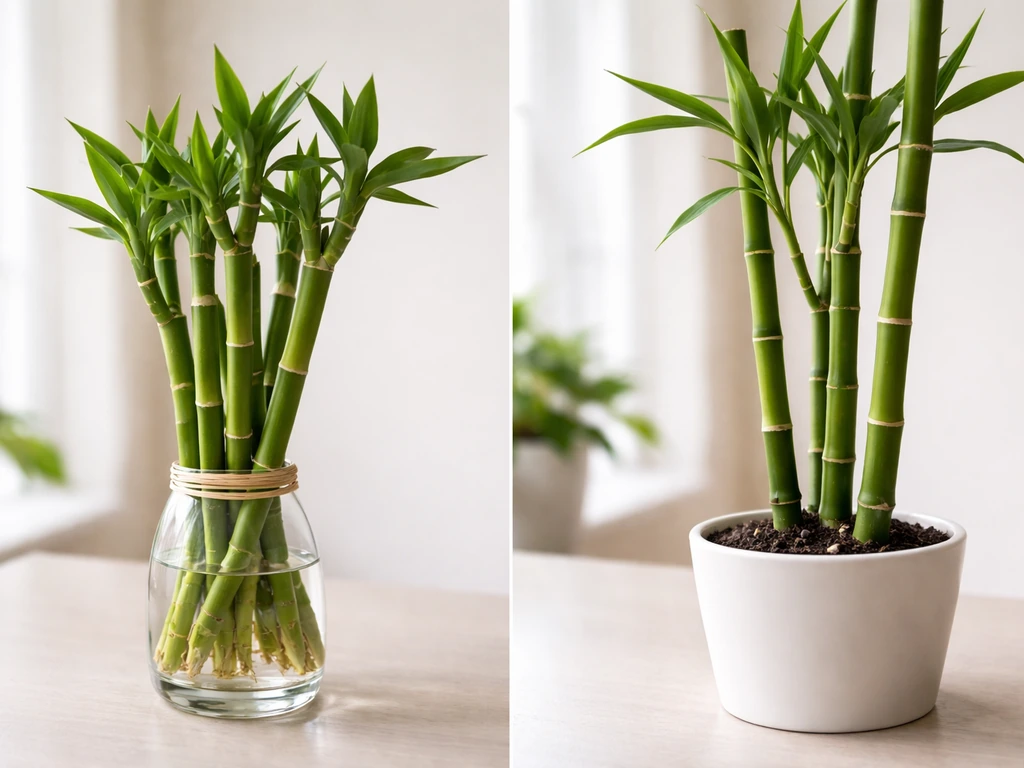 Two potted plants side by side: lucky bamboo canes and a clearly different bamboo-like grass culm.