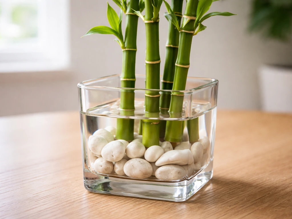 Lucky bamboo canes in a clear glass container with pebbles and clear distilled water visible