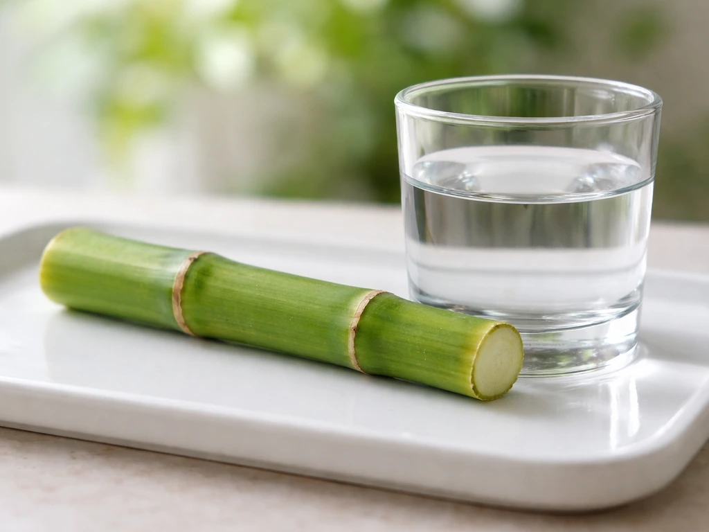 Close-up of a lucky bamboo cane cutting with visible nodes placed over water for new roots.