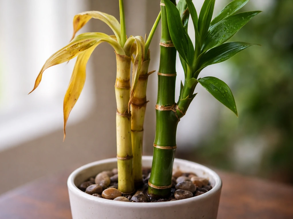 Close-up of yellowing lucky bamboo leaves beside a contrasting healthy green cane segment.