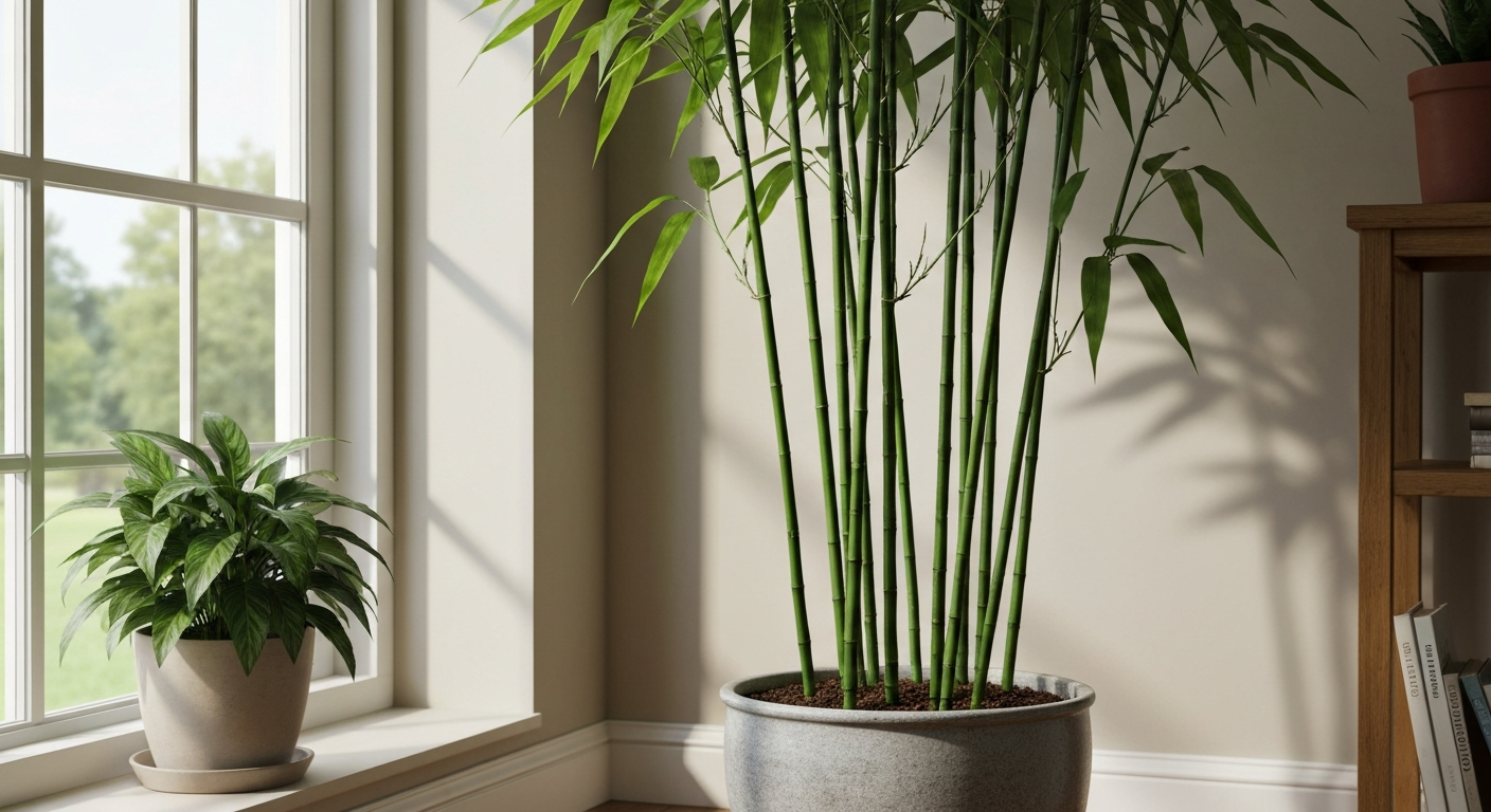 Clumping Fargesia bamboo in a pot near a dim window, showing how true bamboo appears in low light.