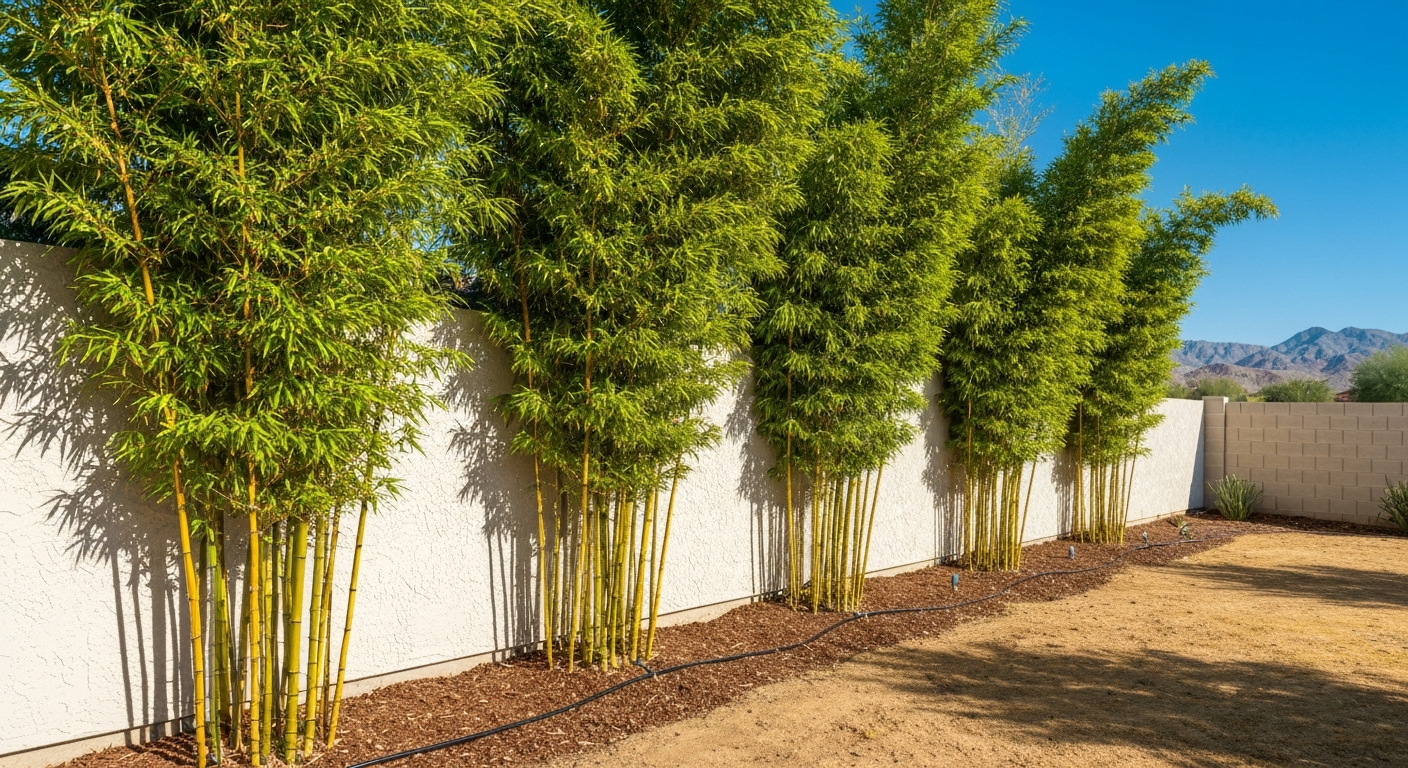 Photorealistic illustration of a healthy bamboo screen planted in a Las Vegas backyard with drip irrigation, mulch, and a stucco wall providing afternoon shade.