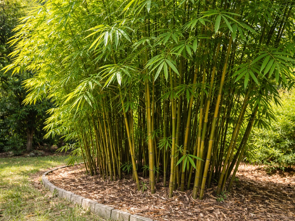 Lush bamboo thriving in an Australian backyard garden with sunlit green canes and leaves.
