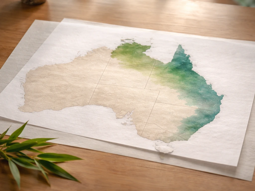 Minimal tabletop shot with a map of Australia showing bamboo-suitable regions in colored climate tints and bamboo sprig.