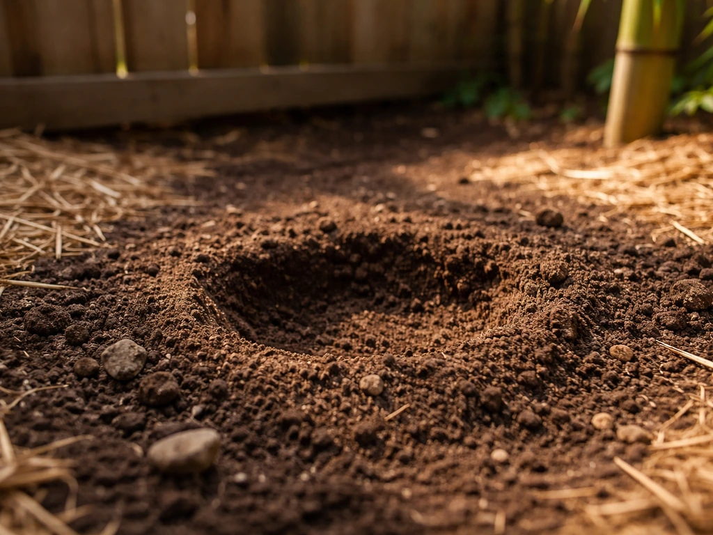 Close-up of prepared garden soil with a small bamboo planting area in a sheltered, sunny corner