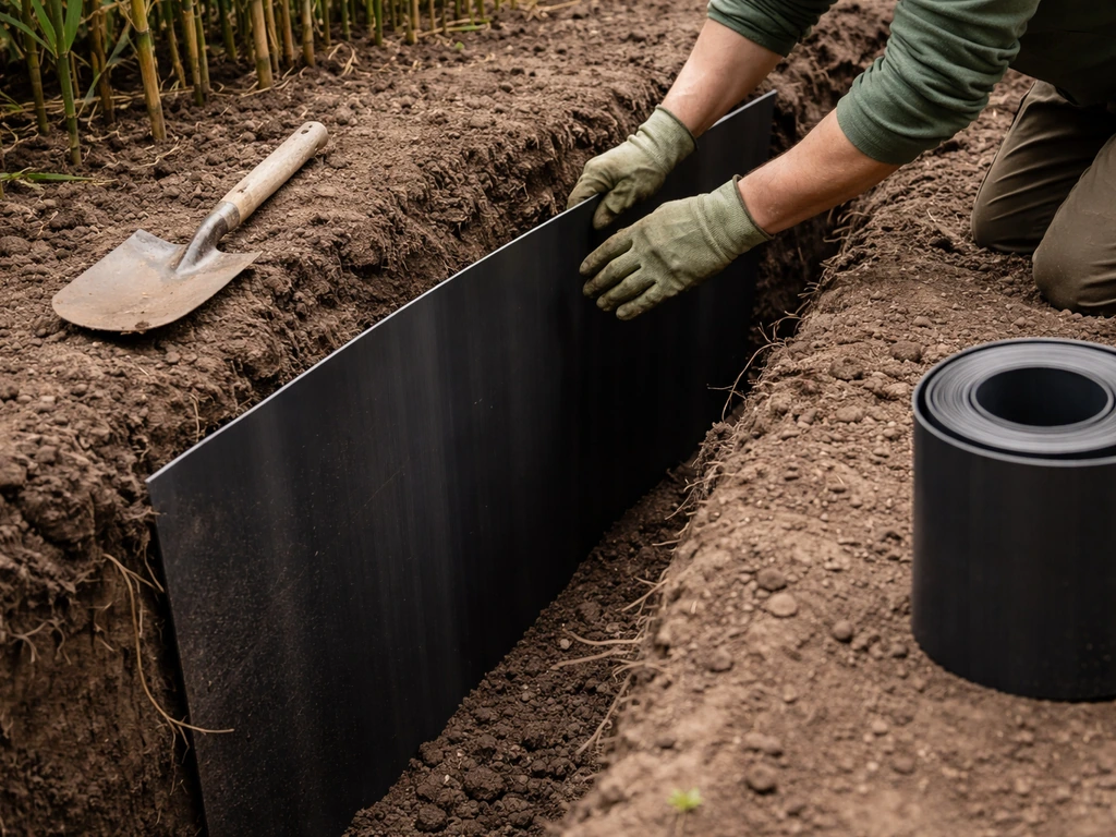 Gardener installing a rhizome barrier trench for running bamboo, showing barrier depth near soil line.