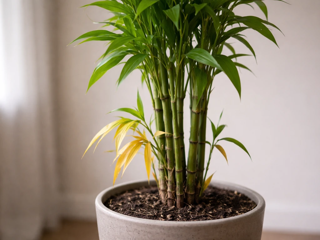 Bamboo plant with a mix of healthy green leaves and yellowing leaves near the base