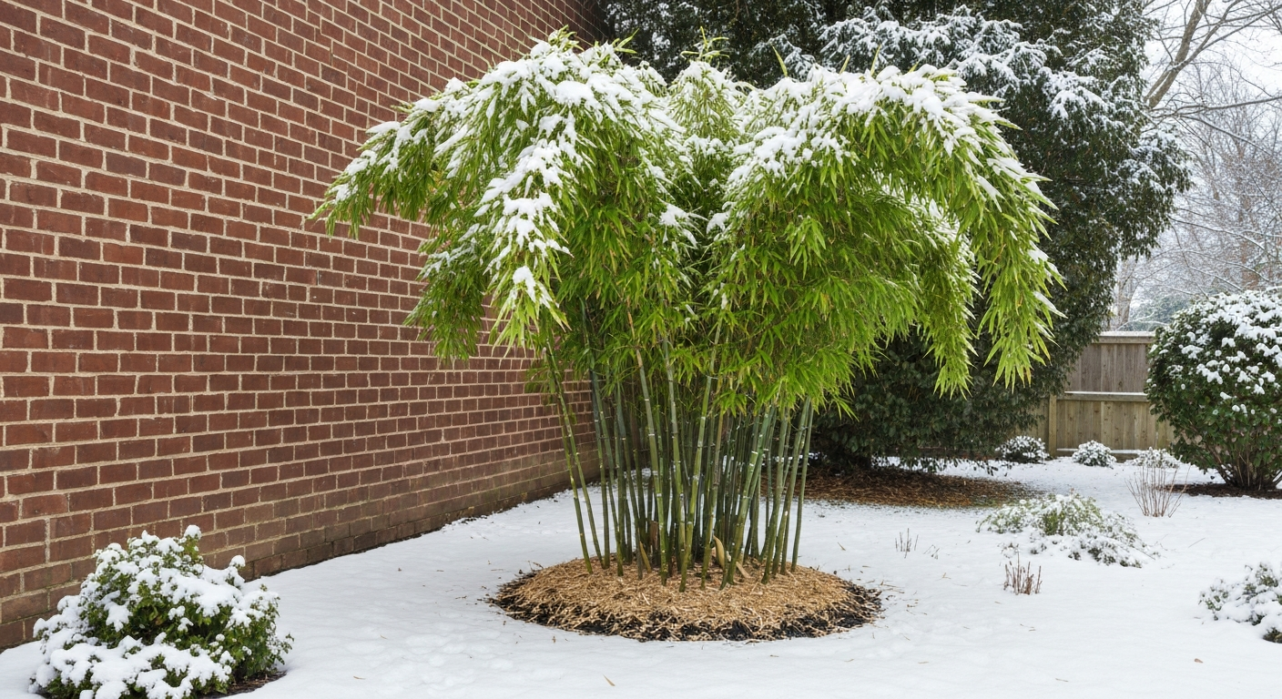 Clumping Fargesia bamboo growing in a snowy Zone 4 garden beside a brick wall, showing mulch at the base and snow on the canes.
