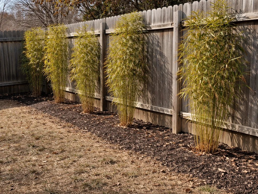 Hardy bamboo in upright clumps along a wooden fence in an Oklahoma backyard with winter mulch and bare ground.