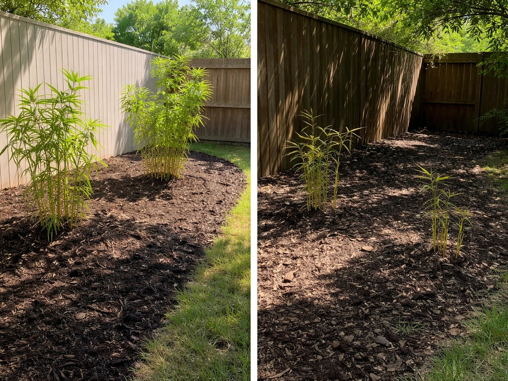 Split view of an Oklahoma yard: sunny south wall area with healthier bamboo vs shaded north area with sparse growth.