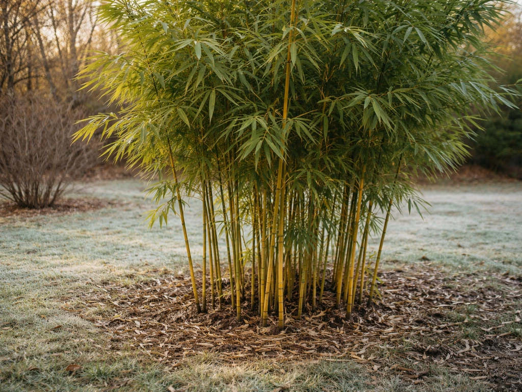 Golden bamboo culms and leaves growing in-ground in a temperate Oklahoma backyard at eye level.