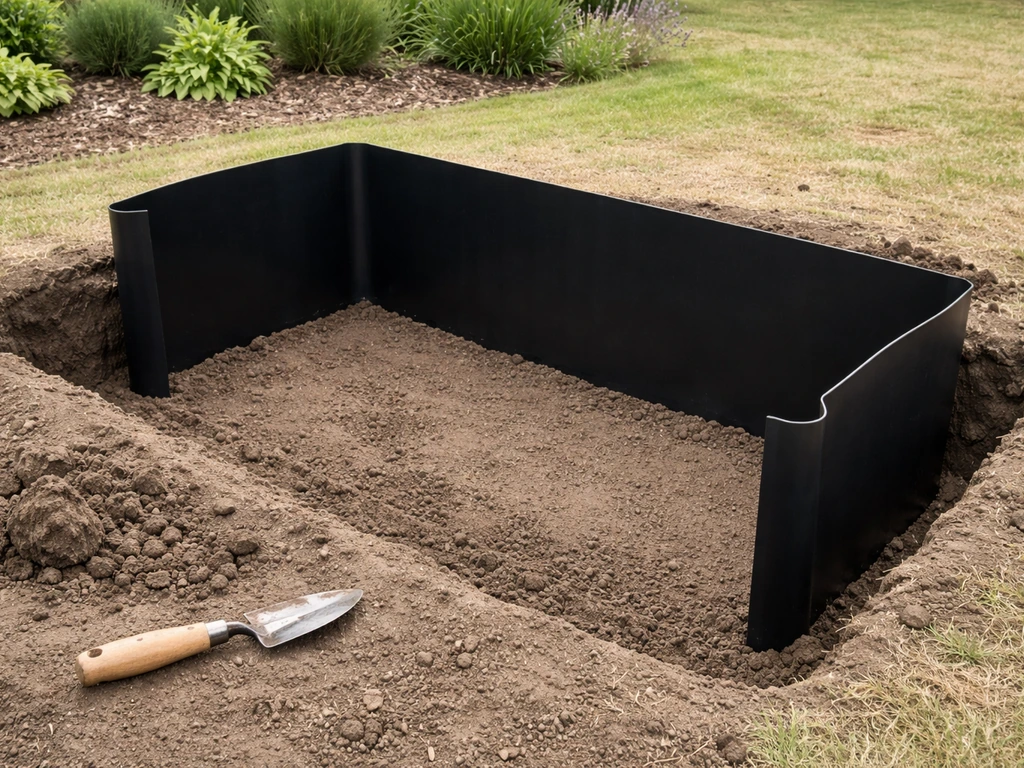 Trench excavation with a black HDPE rhizome barrier being set in place at planting depth.