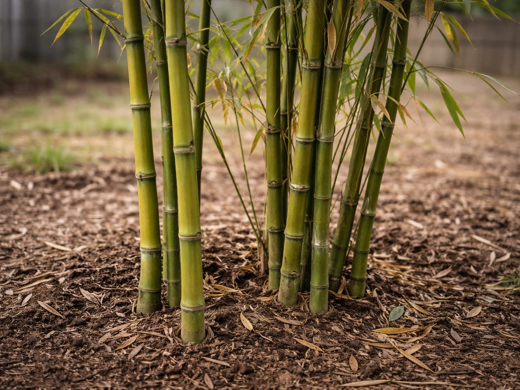 Hardy bamboo canes in a simple outdoor garden bed with cold-season tones, suggesting winter survival