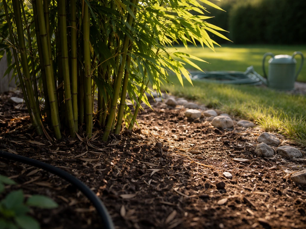 Bamboo planted in an Idaho yard with clear direct-sun and afternoon-shade contrast on the soil and leaves.