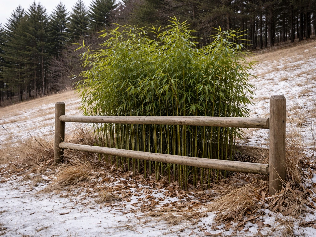 Bamboo canes planted behind a windbreak fence on a sheltered hillside in winter-like conditions