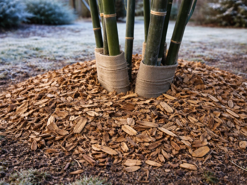 Close-up of in-ground bamboo with 4–6 inches of wood chip mulch protecting the root zone in winter.